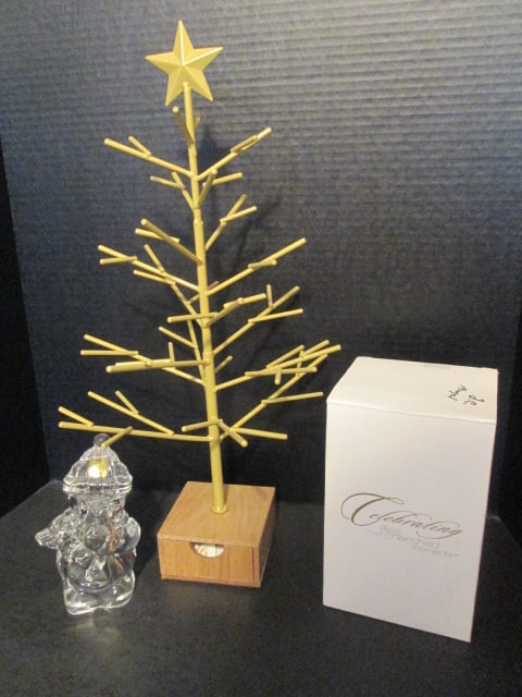 Gold Tone Metal Christmas Advent Tree, Lead Crystal Snowman Figure and: House of Lloyd Christmas Around the World "Embracing Faith" Angel in Original Box