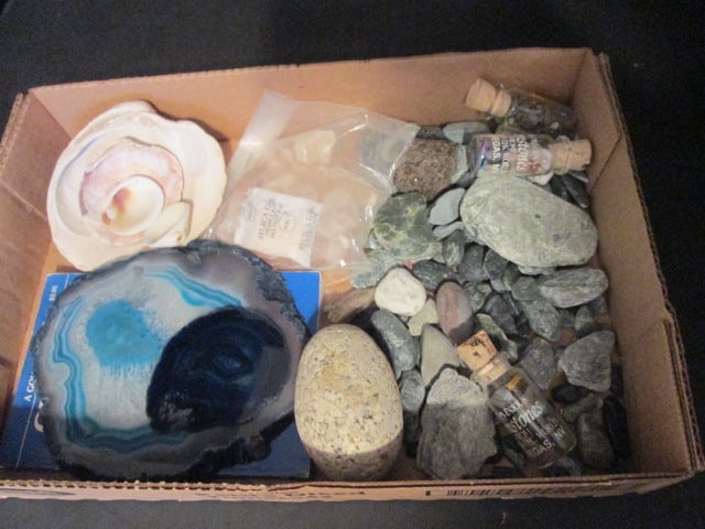 Collection of Rocks, Geode Slices, Sea Shells and Geology Guide Book: .