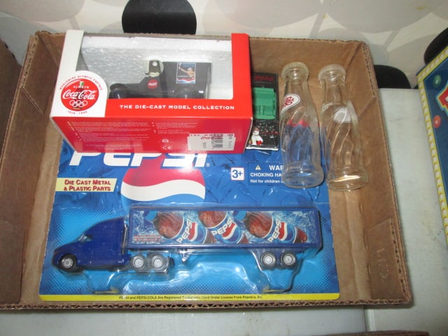Coca-Cola and Pepsi Scaled Die Cast Cars and Set of Pepsi-Cola Bottle Shakers: .