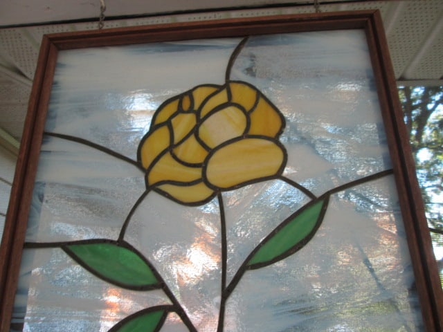Yellow Rose Stained Glass Panel in Wood Frame - 2