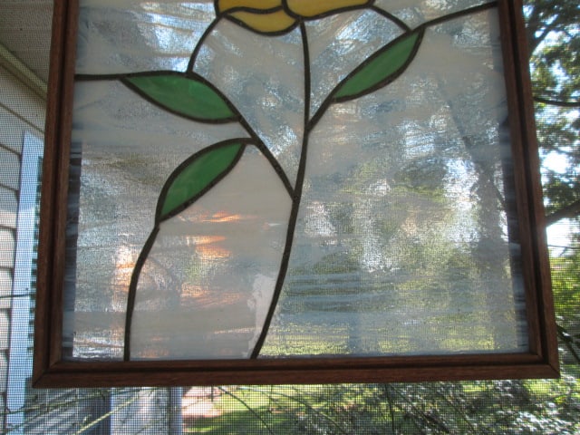 Yellow Rose Stained Glass Panel in Wood Frame - 3