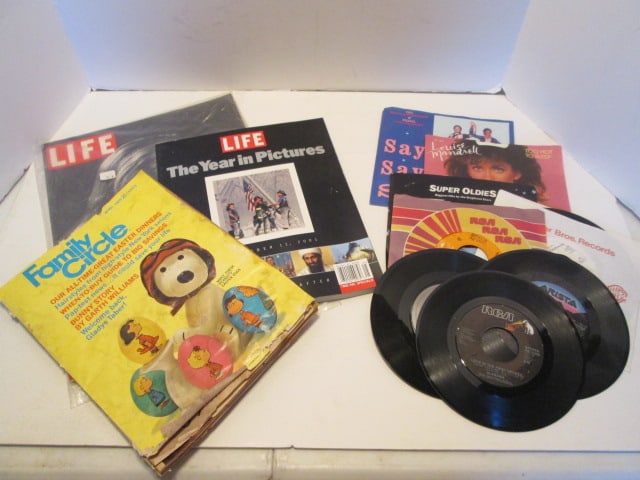 1960's "Family Circle" and "Life" Magazines, 2001 "Life The Year in Pictures" and: Grouping of Vinyl 45 Speed Records-Tom Jones, Conway Twitty, Paul Macartney & Michael Jackson, Anne Murray, Alabama, etc. See all pictures and preview for artist and condition of magazine and records