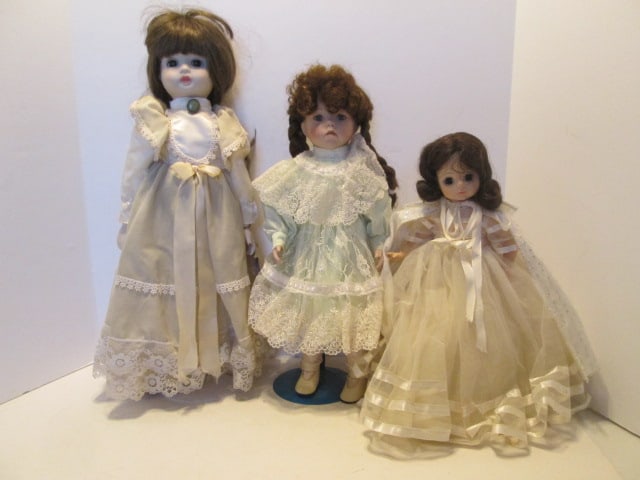 Three Victorian Style Porcelain Collector Dolls with Stands: Local Pickup Only