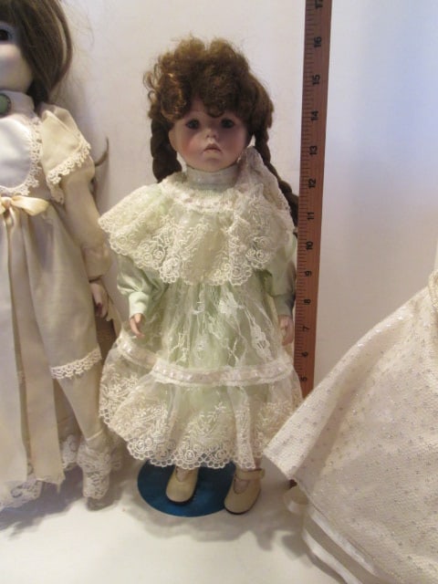 Three Victorian Style Porcelain Collector Dolls with Stands - 4