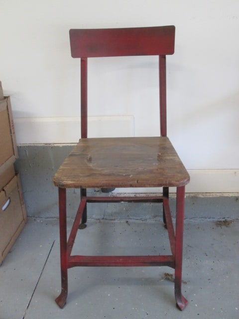 Antique Metal Frame Wood Seat School House Student Chair: 17"w, Local Pickup Only