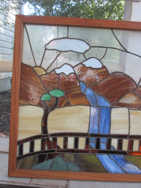 Mountain Landscape Stained Glass Panel in Wood Frame - 2