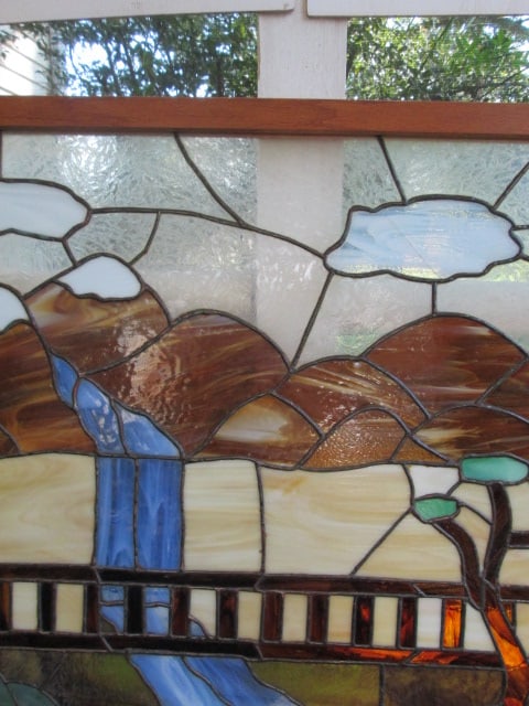 Mountain Landscape Stained Glass Panel in Wood Frame - 3