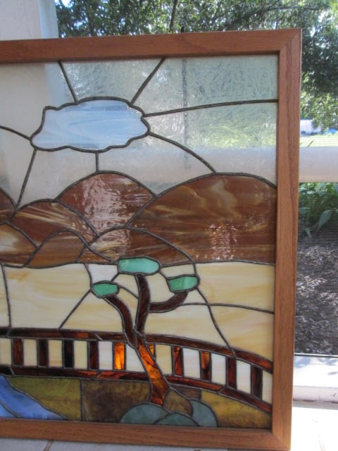 Mountain Landscape Stained Glass Panel in Wood Frame - 4