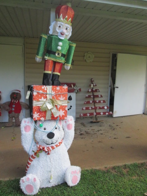 Polar Bear, Present and Nutcracker Totem Style Pre-Lit Holiday Tinsel Figure: works, may need a few bulbs replaced, see pictures and preview, Local Pickup Only