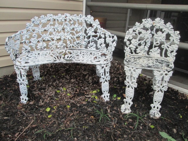 Painted White Cast Metal Garden Bench and Chair: Bench 37" long, Chair 16"w, some paint wear and rust spots-see pictures and preview, Local Pickup Only