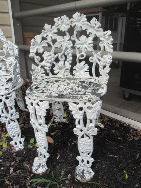 Painted White Cast Metal Garden Bench and Chair - 2