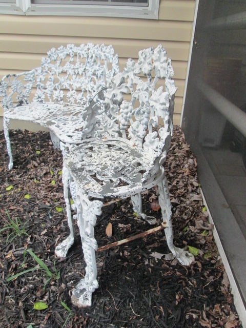 Painted White Cast Metal Garden Bench and Chair - 4
