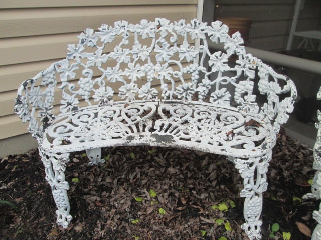 Painted White Cast Metal Garden Bench and Chair - 5