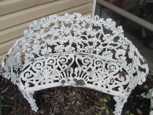 Painted White Cast Metal Garden Bench and Chair - 6