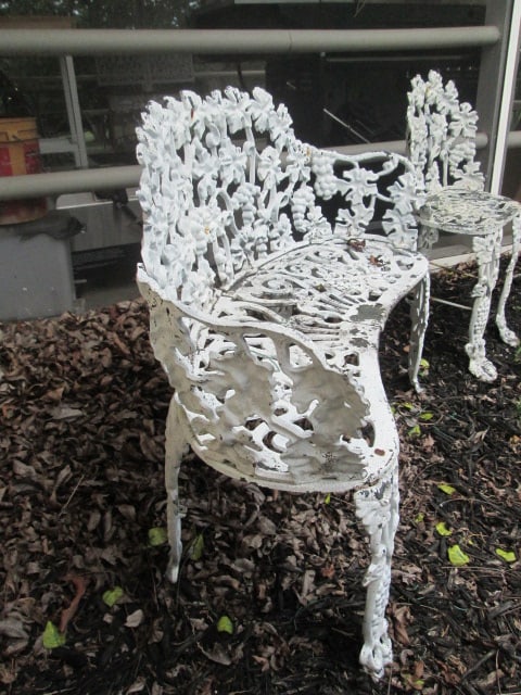 Painted White Cast Metal Garden Bench and Chair - 8
