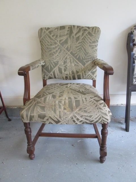 Vintage Upholstered Wood Arm Chair with Nailheads: 24"w, turned spindle legs, Local Pickup Only