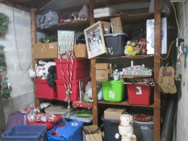 Storage Room Built-In Shelf Contents-Totes Full of Unsearched Holiday Decorations: Most appear to be Christmas and Fall/Halloween, See pictures and preview, Local Pickup Only