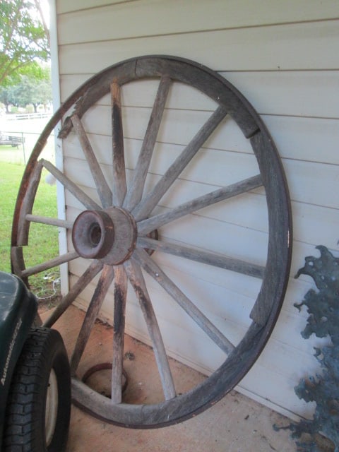 Antique Steel Tire Wooden Spoke Wagon Wheel and Metal Pierced Splatter Wall Art - 4