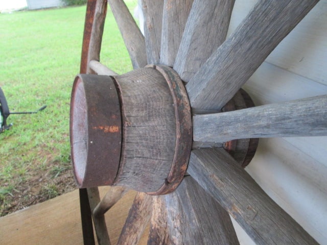 Antique Steel Tire Wooden Spoke Wagon Wheel and Metal Pierced Splatter Wall Art - 6