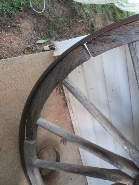 Antique Steel Tire Wooden Spoke Wagon Wheel and Metal Pierced Splatter Wall Art - 7
