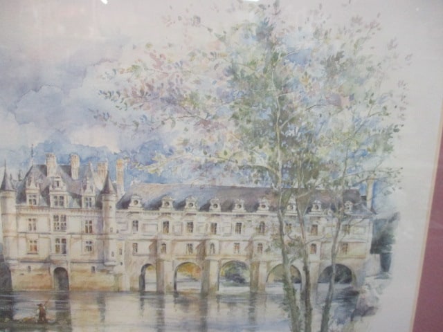 Framed and Matted French "Chateau de Chenonceau" Watercolor Style Artwork - 2