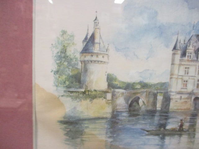 Framed and Matted French "Chateau de Chenonceau" Watercolor Style Artwork - 4