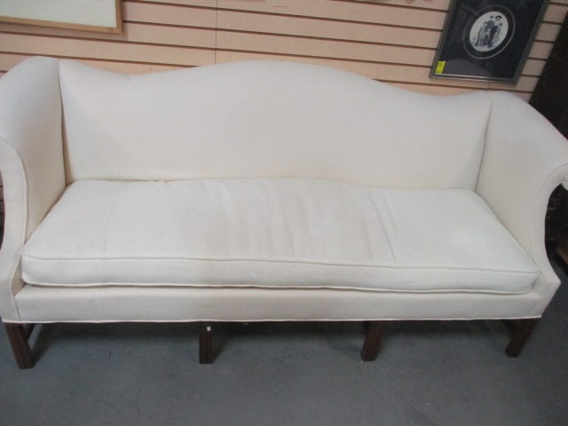 Traditional Curved Back Scroll Arm Off-White Sofa: 84" x 34" x 33", some stains, Local Pickup Only