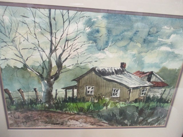 Vintage Framed and Matted Watercolor Cabin Landscape Artwork - 2