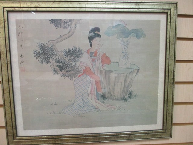 Vintage Framed and Matted Asian Gouache Painting on Silk Art (1 of 6)