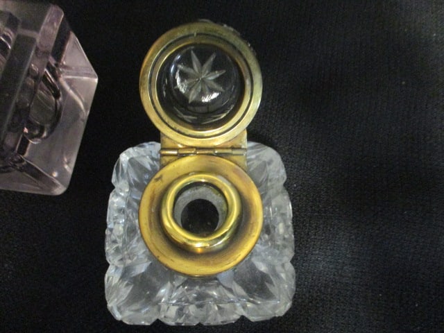 Vintage Cut-Glass Crystal Ink Well and Purple Tinted Glass Ink Well - 3