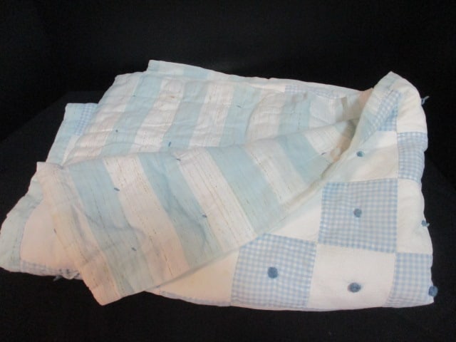 Vintage Handmade Blue and White Baby Blanket: 54" x 40"