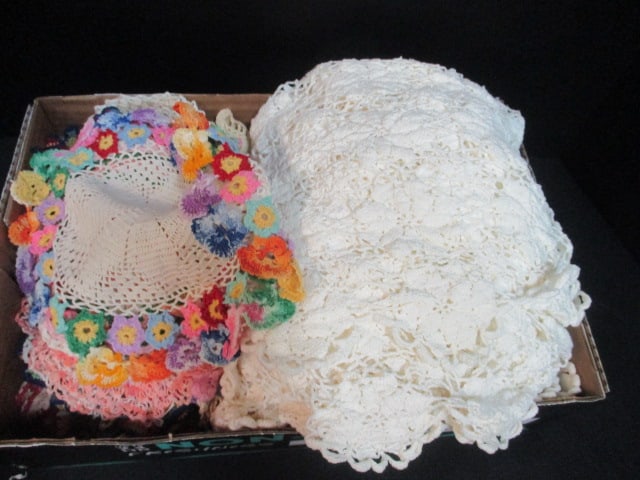 Grouping Handmade Crocheted Doilies, Table Runners, and Tablecloth: see pictures and preview for selection and condition