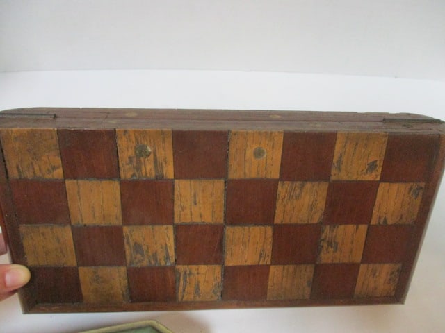 Vintage Wood Folding Checker Box with Checkers and Metal Container with - 5