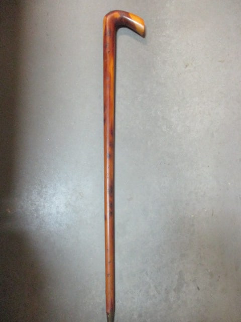 Vintage Handcarved Wood Handled Cane with Brass Tip: 35"