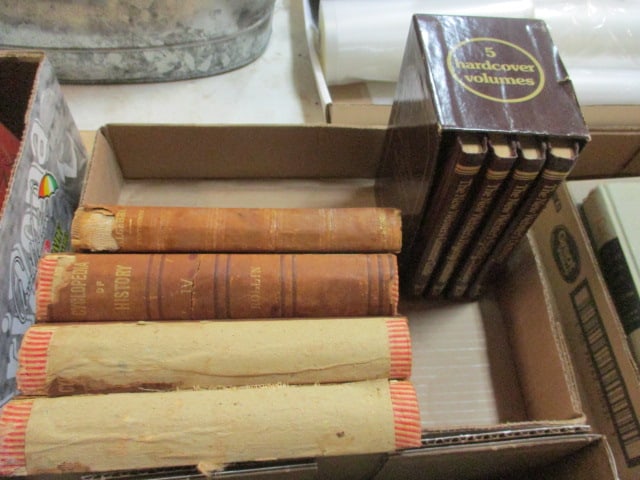 3 Antique "Cyclopedia of History" Books with 1883 notation, 1891 "Elements: of Algebra" Book, and Set of 4 "The New Webster's Deluxe Desk Reference Library" Books