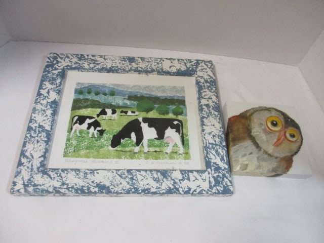 Handpainted Owl on Wood - Signed and Framed "Bluegrass Holsteins II" by: D.B. Jackson Artwork, 5 1/4" x 5 1 /4" and 12 3/4" x 10 3/4"
