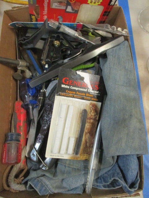 Tool Lot - Screwdrivers, Levels, Clippers, Mounting Tape, Work Apron, etc.: see pictures and preview for selection and condition