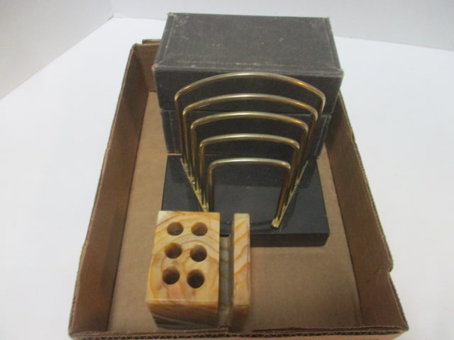 Vintage Brass and Marble Desk Letter Holder, Marble Pen/Pencil Holder, and: Index Cards File Box with Dividers
