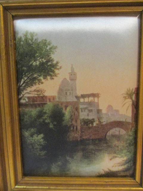 Vintage Italian Fabric Landscape Scene in Gold Frame with Wood Easel - 2
