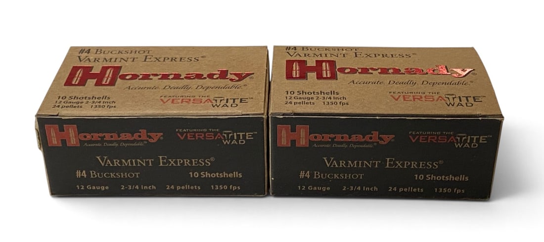 NIB 20rds. of 12 GA. 2-3/4” 24 Pellet #4 BUCK Hornady Varmint Express Versatite Ammunition: See Photo