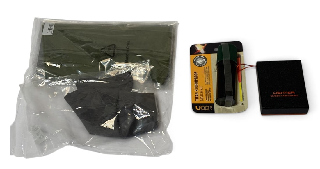 Survival/Hunting Kit: Classic Fashionable lighter, Titan Stormproof Match Kit (award winning), (2) neck gaiters