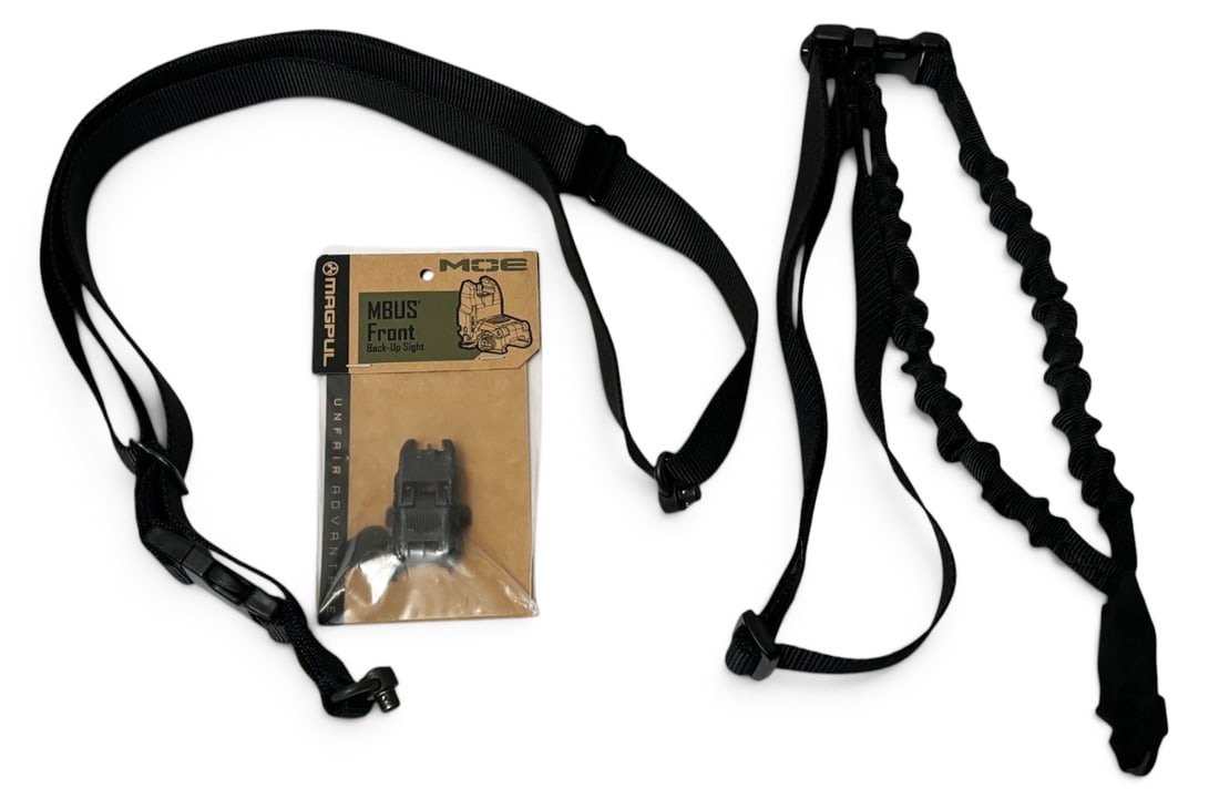 Magpul MOE MBUS Front Sight and (2) AR15 Slings: (1) dual point sling, (1) single point sling. See photos