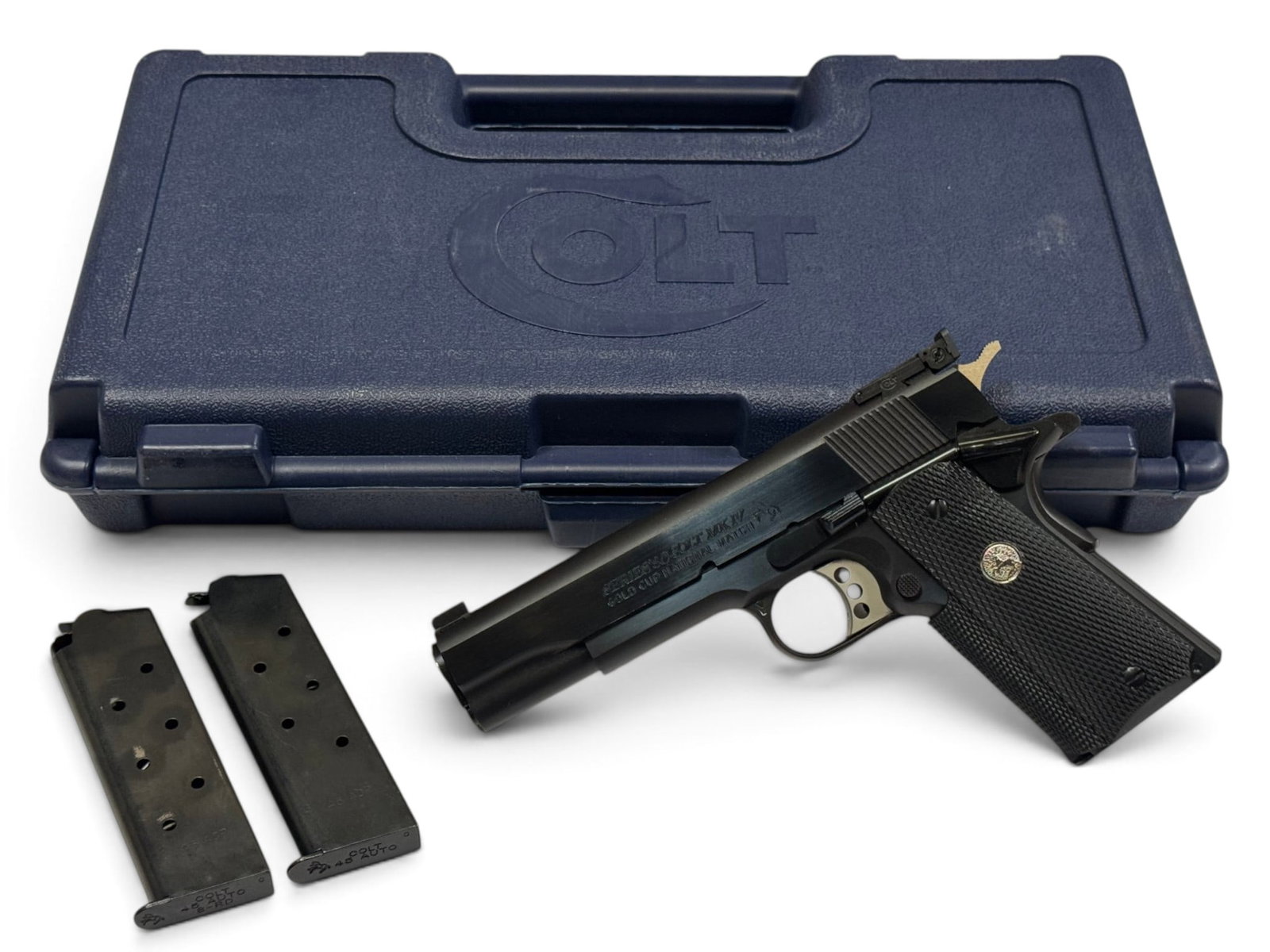 LNIB Colt 1911 National Match Gold Cup Series 80 .45 ACP Pistol w/ Original Box & 3 Mags: S#: FN101060 | Model: 05870NM | 5” Barrel | Blued Finish | Comes with the factory hard case with matching label, manual, and (3) 7-Round magazine |||| CONDITION: Excellent, like new with very li