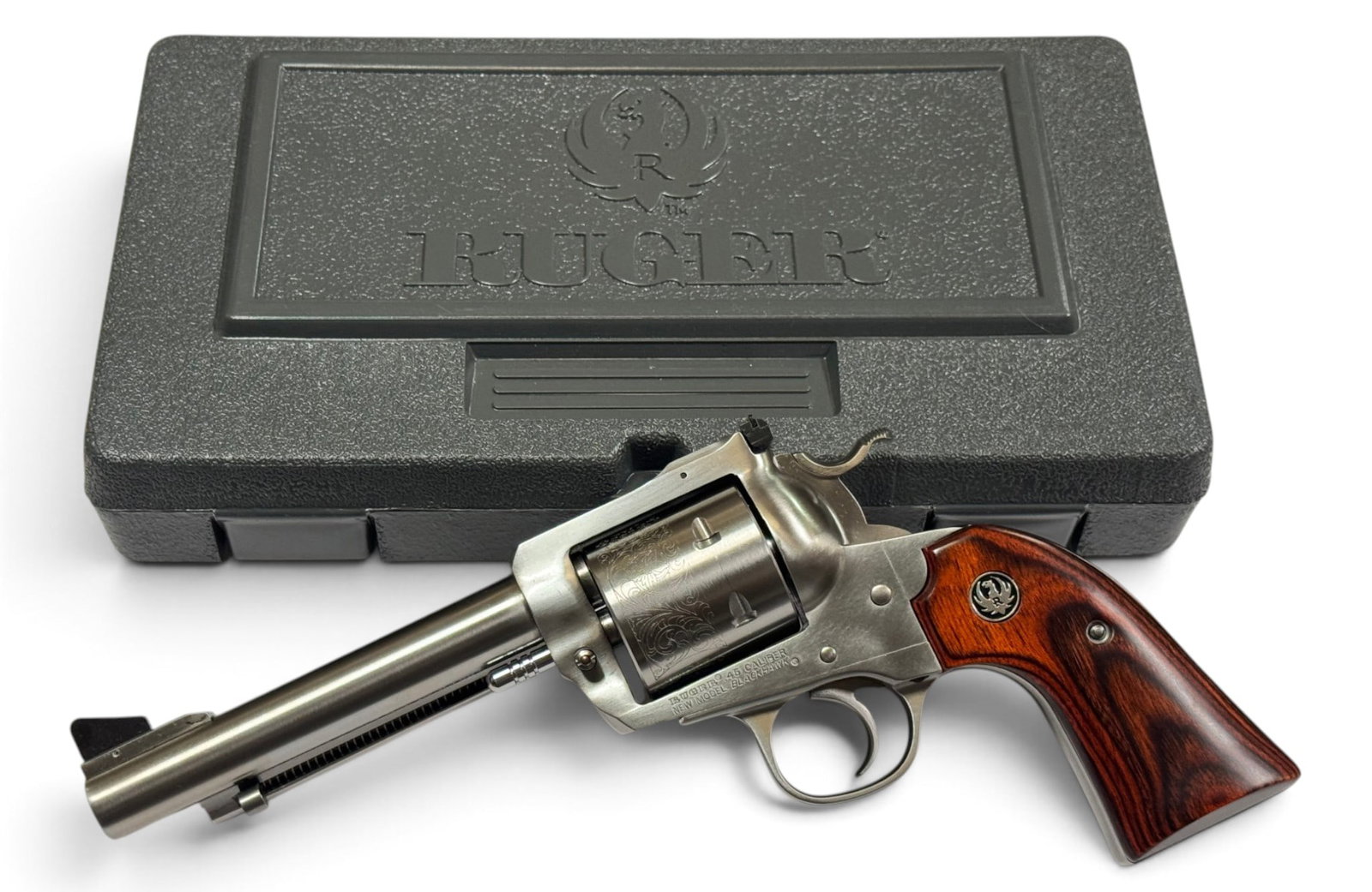 Excellent 2013 Ruger New Model Blackhawk .45 LC 5.5” Revolver with Original Box: S#: 48-60508 | Mfg. 2013 | Model: 00470 | 5.5” Barrel | Single-action revolver chambered in .45 Colt with adjustable rear sight, ramp front sight and Ruger transfer-bar safety system | Comes in 