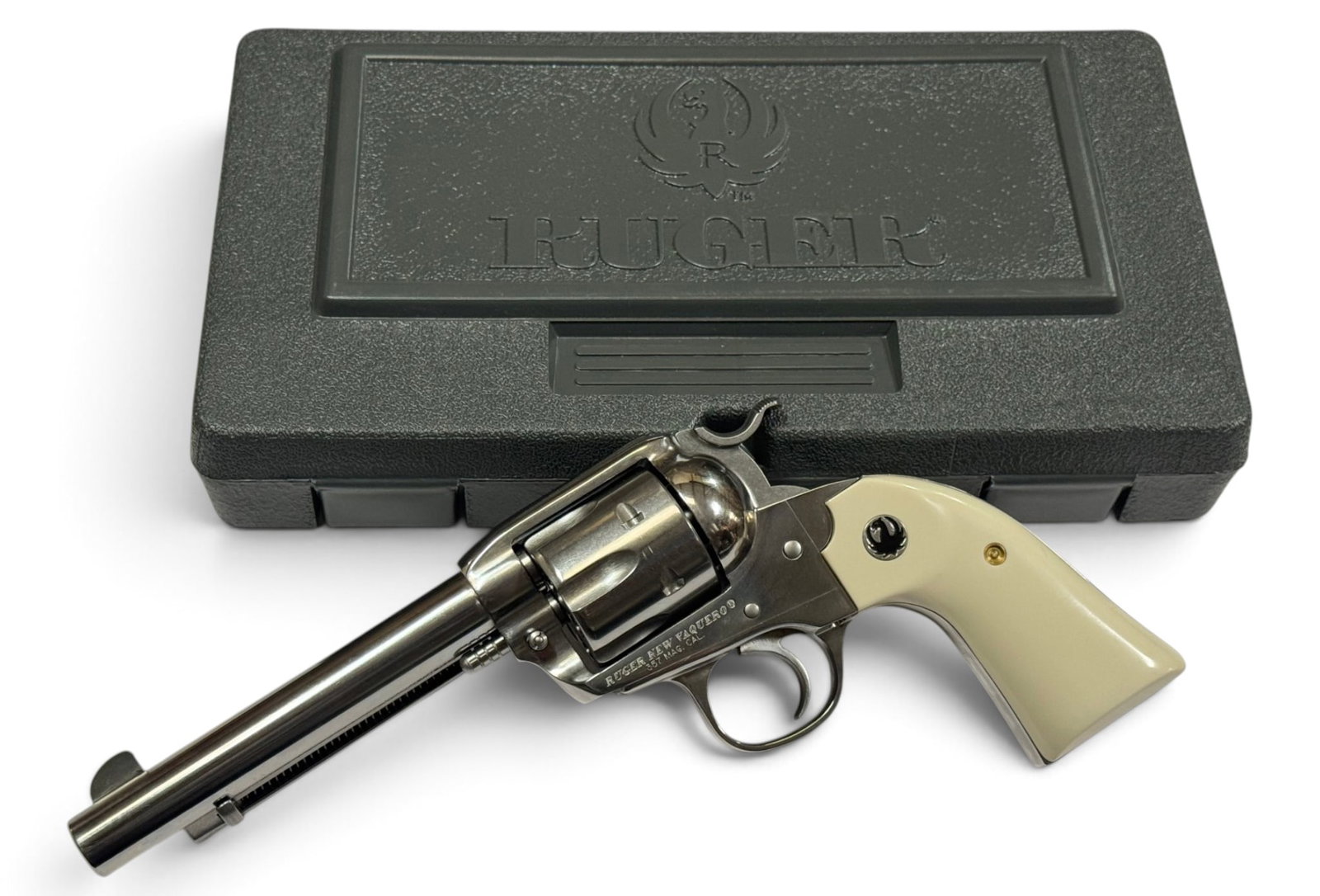 LNIB 2013 Ruger New Vaquero .357 MAG. High Gloss Stainless Revolver in Case : S#: 512-52903 | Mfg. 2013 | Model: 00470 | 5.5” Stainless Barrel | Six-shot single-action revolver with high-gloss stainless finish, fixed sights and traditional western-style configuration.