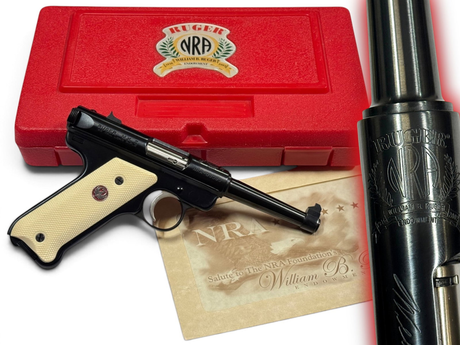 NIB 2003 Ruger Mark II NRA 50th Anniversary .22 LR Special Edition Pistol in Red Case: S#: NRA-03093 | Model: 00169 | Mfg. 2003 | Special-edition Ruger Mark II commemorating the NRA’s 50th anniversary of its National Firearms Museum, featuring special NRA markings. Comes in origin