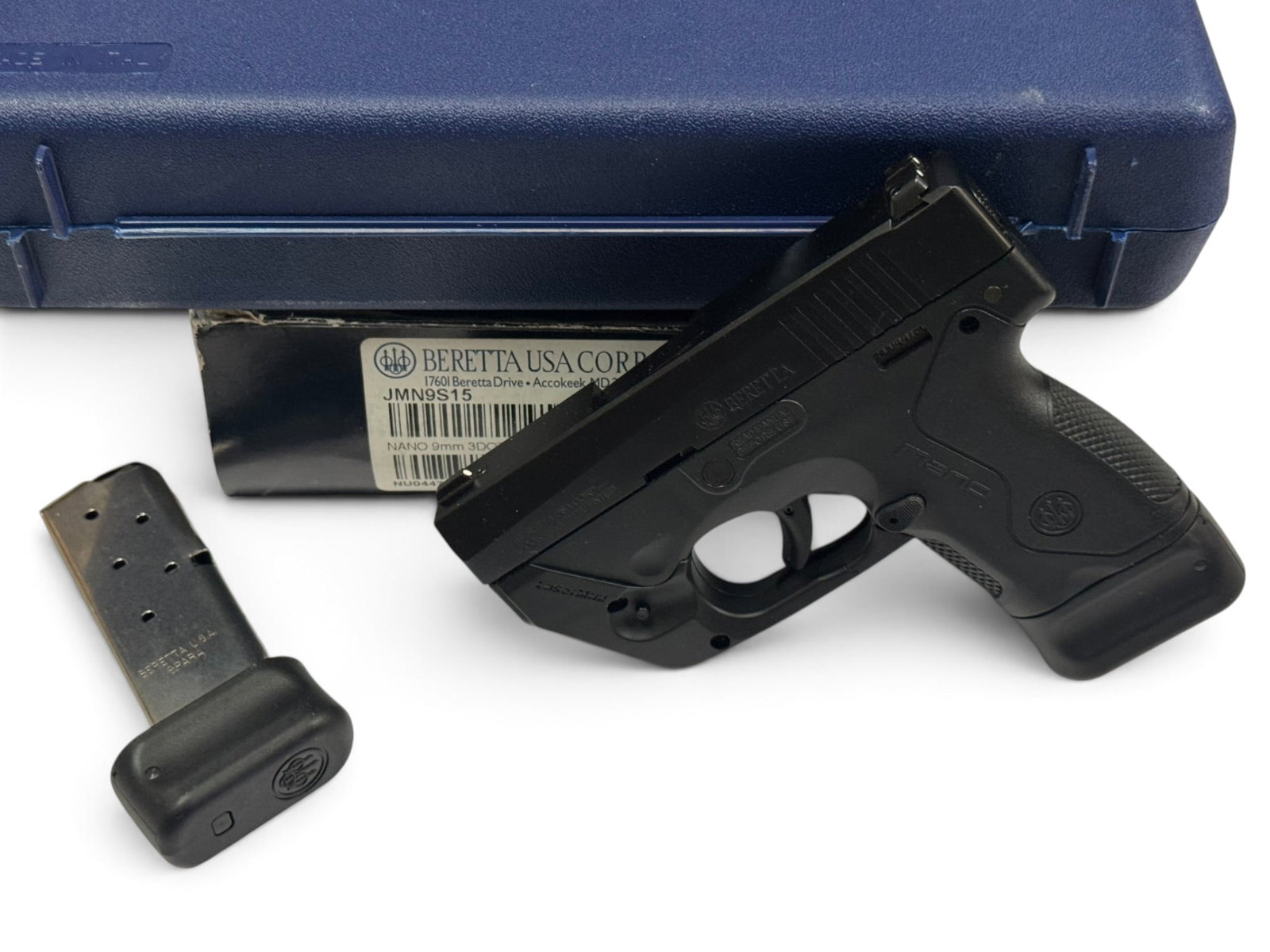 LNIB Beretta BU9 Nano Semi-Automatic 9mm Pistol with 2 Mags & Laser: S#: NUO44786 | 3” Barrel | Compact striker-fired 9mm pistol featuring a snag-resistant design with minimal external controls and equipped with a LaserMax laser sight | Comes in original box
