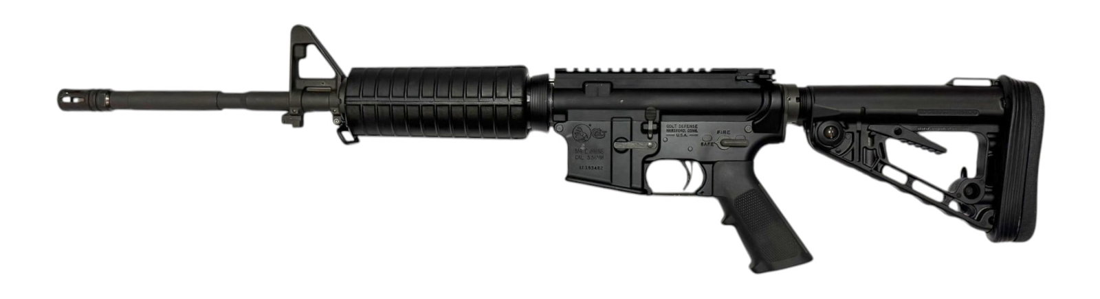 Excellent Colt M4 Carbine 5.56mm NATO Semi-Automatic AR-15 Rifle: S#: LE193482 | 16” Barrel | Colt M4 Carbine configuration with collapsible stock and flat-top upper receiver | No magazine |||| CONDITION: Excellent, like new, with minor signs of use and small 