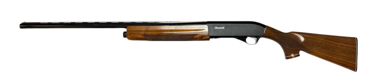 Excellent Churchill by Kassnar 12 GA. Semi-Automatic Shotgun: S#: C00920 | Mfg. Date: | 28” Vent Rib Barrel |2-3/4" Chamber | Imported by Kassnar | Nice deluxe checkered wood furniture |||| CONDITION: Excellent, like new, with minor signs of use, if any.