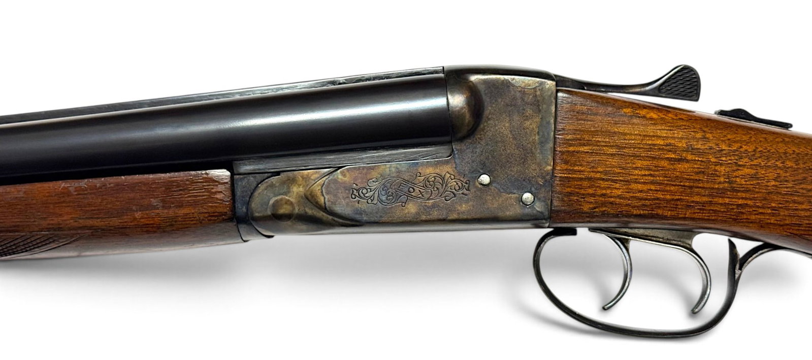 Excellent 1950 Fox/Savage Model B 20 GA. SXS Double Barrel Shotgun: S#: NSN (AHU2, all matching) | Mfg. Date: 1950 | 28” Solid Rib Barrels | 2-3/4" chamber with solid rib straight extension | 13.75" LOP | Dual triggers | Classic American boxlock side-by-side